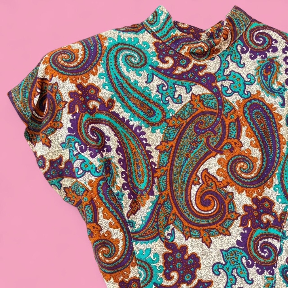 70s Paisley High Neck Dolman Pencil Dress